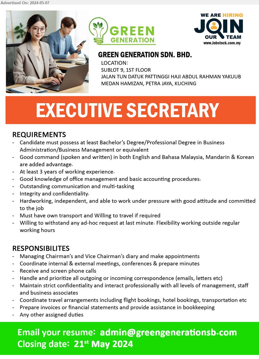 GREEN GENERATION SDN BHD - EXECUTIVE SECRETARY (Kuching), Bachelor’s Degree/Professional Degree in Business Administration/Business Management, 3 yrs. exp....
Email resume to ...
