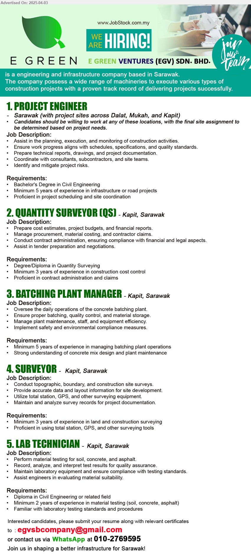 E GREEN VENTURES (EGV) SDN BHD - 1. PROJECT ENGINEER (Sarawak), Bachelor's Degree in Civil Engineering, Minimum 5 years of experience in infrastructure or road projects,...
2. QUANTITY SURVEYOR (QS) (Kapit), Degree/Diploma in Quantity Surveying, Minimum 3 years of experience in construction cost control,...
3. BATCHING PLANT MANAGER (Kapit), Minimum 5 years of experience in managing batching plant operations, Strong understanding of concrete mix design and plant maintenance,...
4. SURVEYOR (Kapit), Minimum 3 years of experience in land and construction surveying, Proficient in using total station, GPS, and other surveying tools,...
5. LAB TECHNICIAN (Kapit), Diploma in Civil Engineering or related field, Minimum 2 years of experience in material testing (soil, concrete, asphalt),...
WhatsApp at 010-2769595 / Email resume.