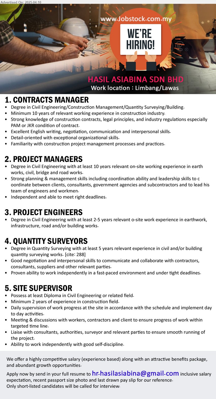 HASIL ASIABINA SDN BHD - 1. CONTRACTS MANAGER (Limbang & Lawas), Degree in Civil Engineering/Construction Management/Quantity Surveying/Building, Min 10 yrs exp., ...
2. PROJECT MANAGERS (Limbang & Lawas), Degree in Civil Engineering with at least 10 years relevant on-site working experience in earth works, civil, bridge and road works,...
3. PROJECT ENGINEERS (Limbang & Lawas), Degree in Civil Engineering with at least 2-5 yrs. exp.,...
4. QUANTITY SURVEYORS (Limbang & Lawas), Degree in Quantity Surveying with at least 5 years relevant experience in civil and/or building quantity surveying works,...
5. SITE SUPERVISOR (Limbang & Lawas), Diploma in Civil Engineering, 2 yrs. exp.,...
Email resume.