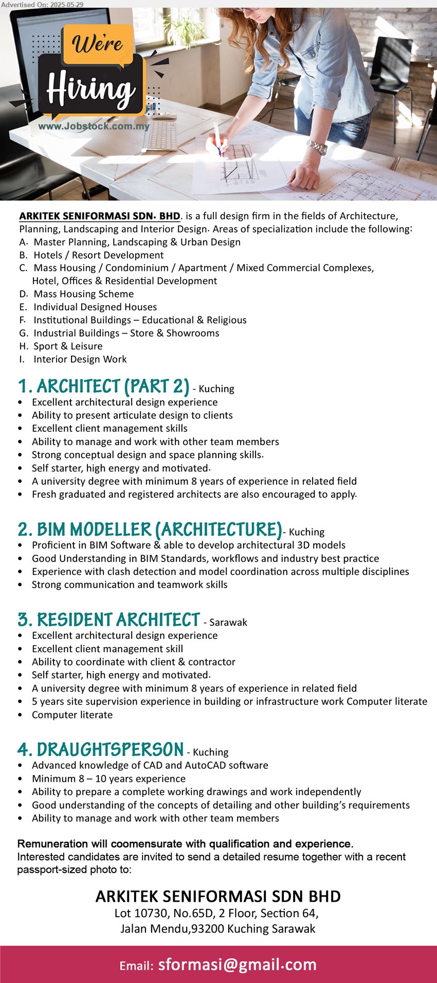 ARKITEK SENIFORMASI SDN BHD - 1. ARCHITECT (PART 2) (Kuching), Excellent architectural design experience, Ability to present articulate design to clients,...
2. BIM MODELLER (ARCHITECTURE) (Kuching), Proficient in BIM Software & able to develop architectural 3D models, Good Understanding in BIM Standards, workflows and industry best practice,...
3. RESIDENT ARCHITECT (Sarawak), Excellent architectural design experience, Excellent client management skill,...
4. DRAUGHTSPERSON (Kuching), Advanced knowledge of CAD and AutoCAD software, Minimum 8 – 10 years experience,...
Email resume.