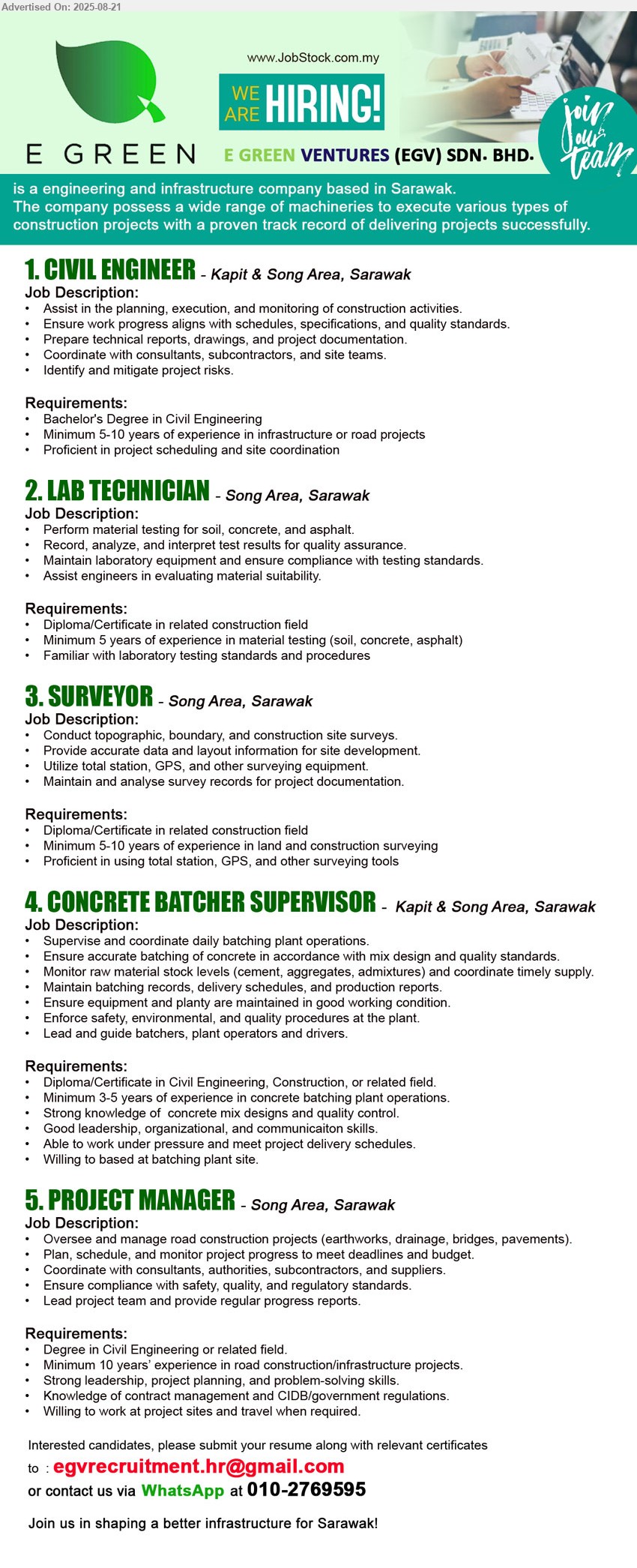 E GREEN VENTURES (EGV) SDN. BHD. - 1. CIVIL ENGINEER  (Kapit & Song Area), Bachelor's Degree in Civil Engineering, Minimum 5-10 years of experience in infrastructure or road projects,...
2. LAB TECHNICIAN (Song Area), Diploma/Certificate in related construction, Familiar with laboratory testing standards and procedures,...
3. SURVEYOR (Song Area), Diploma/Certificate in related construction field, Proficient in using total station, GPS, and other surveying tools,...
4. CONCRETE BATCHER SUPERVISOR (Kapit & Song Area), Diploma/Certificate in Civil Engineering, Construction, minimum 3-5 years of experience in concrete batching plant operations.,...
5. PROJECT MANAGER (Song Area), Degree in Civil Engineering, Minimum 10 years’ experience in road construction/ infrastructure projects.,...
WhatsApp at 010-2769595 / Email resume.