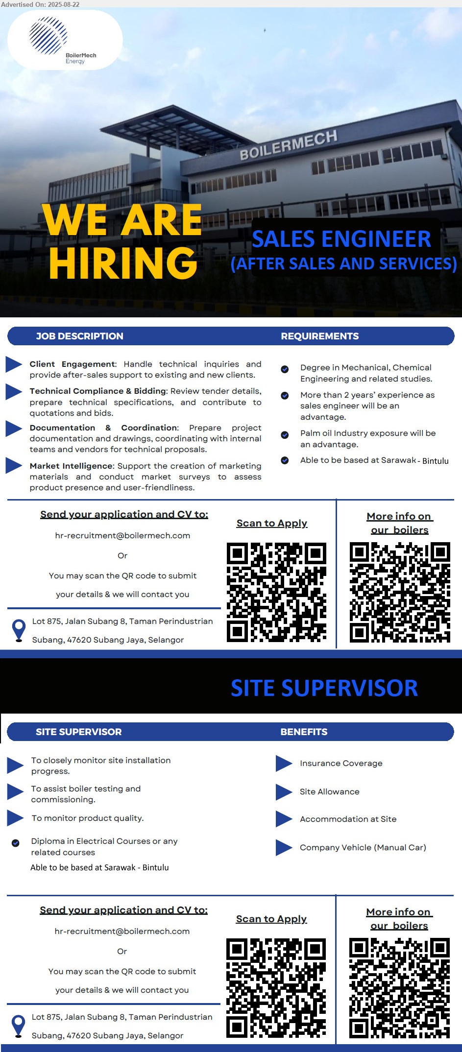 BOILERMECH SDN BHD - 1. SALES ENGINEER (AFTER SALES AND SERVICES) (Bintulu), Degree in Mechanical, Chemical Engineering and related studies., 2 yrs. exp....
2. SITE SUPERVISOR (Bintulu), Diploma in Electrical Courses or any related courses,...
Scan QR to apply or Email resume.