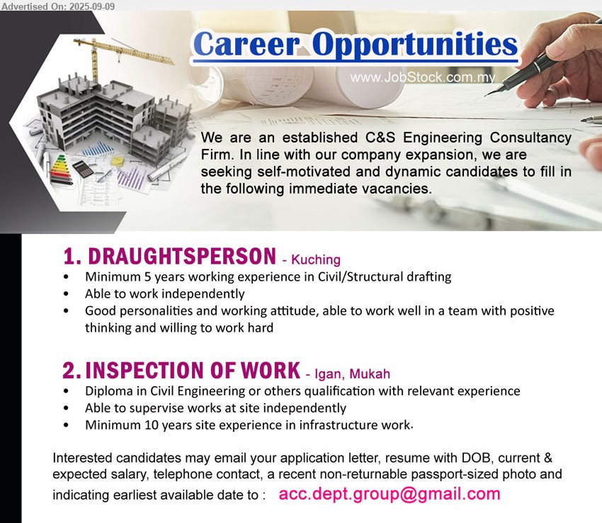 ADVERTISER - 1. DRAUGHTSPERSON  (Kuching), Min. 5 years working experience in Civil/Structural drafting, Good personalities and working attitude, able to work well in a team with positive thinking and willing to work hard,...
2. INSPECTION OF WORK  (Igan, Mukah), Diploma in Civil Engineering or others qualification with relevant experience, Able to supervise works at site independently,...
Email resume.
