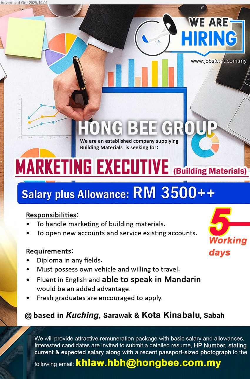 HONG BEE GROUP - MARKETING EXECUTIVE (Building Materials)  (Kuching, Kota Kinabalu), RM 3500 ++, Diploma, Must possess own vehicle and willing to travel., Fresh graduates are encouraged to apply,...
Email resume.