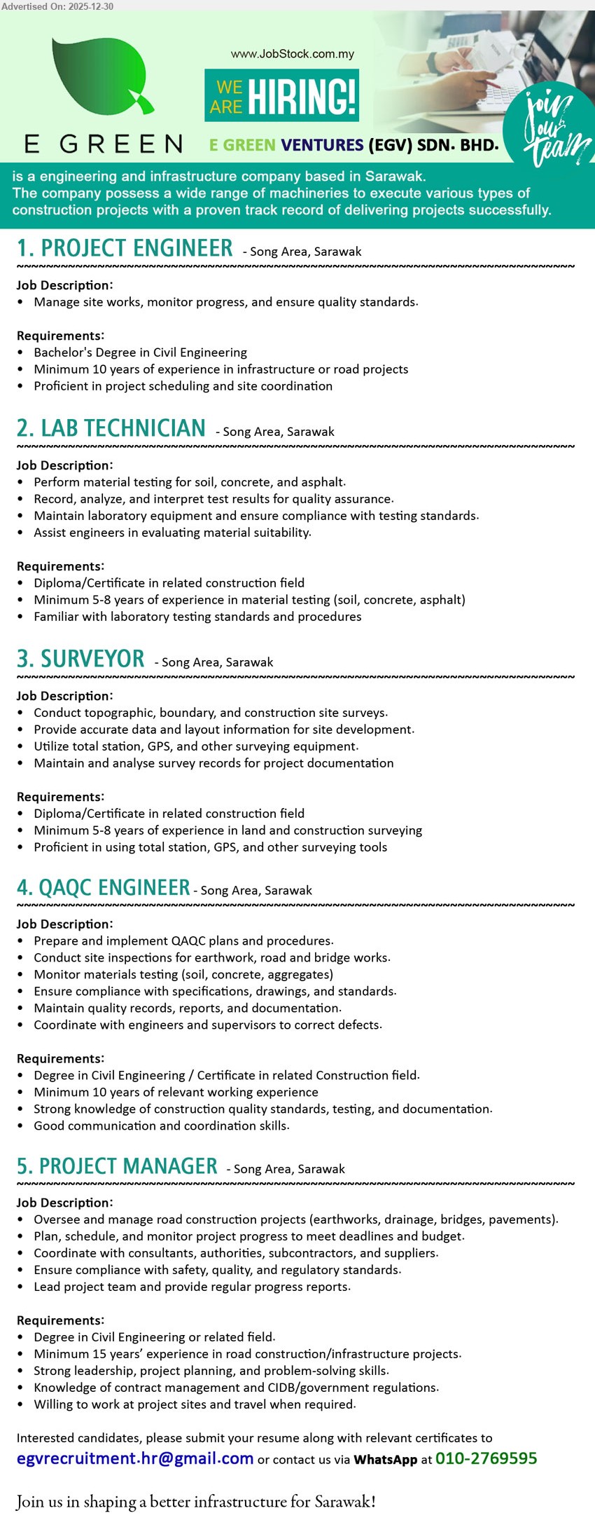E GREEN VENTURES (EGV) SDN. BHD. - 1. PROJECT ENGINEER (Song Area, Sarawak), Bachelor (Civil Engineering); 10 yrs; Manage site works, monitor progress, and ensure quality standards.
2. LAB TECHNICIAN (Song Area, Sarawak), Diploma/Certificate (Construction/related); 5–8 yrs; soil/concrete/asphalt material testing, record & interpret results, maintain lab equipment, support engineers/QA.
3. SURVEYOR (Song Area, Sarawak), Diploma/Certificate (Construction/related); 5–8 yrs; topographic/boundary/site surveys, set-out/layout data, operate total station & GPS, maintain survey documentation.
4. QAQC ENGINEER (Song Area, Sarawak), Degree (Civil Eng) / Certificate (Construction); 10 yrs; implement QAQC plans, inspect earthwork/road/bridge, control testing, ensure specs compliance, reports & defect closure.
5. PROJECT MANAGER (Song Area, Sarawak), Degree (Civil Eng/related); 15 yrs; lead road projects (earthwork/drainage/bridge/pavement), manage budget & timeline, coordinate authorities/subcons, ensure safety & CIDB compliance.
Whatsapp: 010-2769595