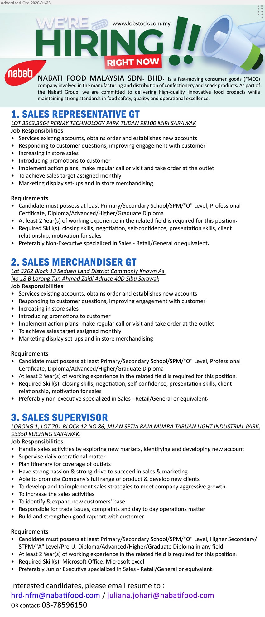 NABATI FOOD MALAYSIA SDN BHD - 1. SALES REPRESENTATIVE GT (Miri, Sarawak), Primary/Secondary School/SPM/