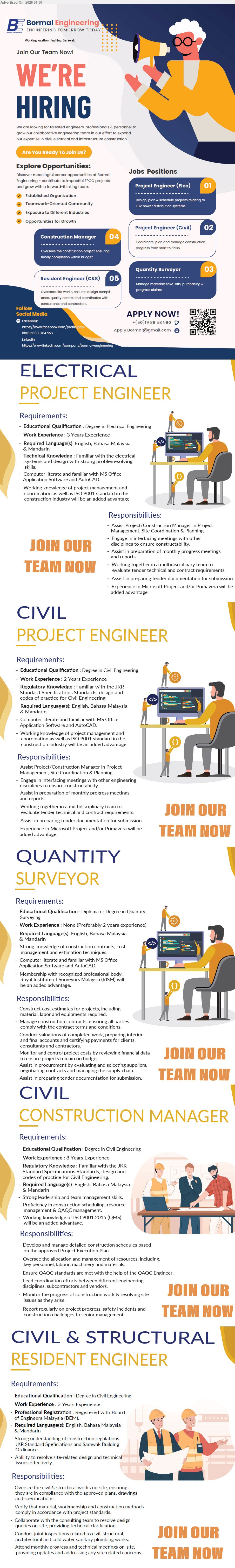 BORMAL ENGINEERING SDN BHD - 1. PROJECT ENGINEER (ELEC),(Kuching) Degree in Electrical Engineering; 3 Years Experience; Assist Project/Construction Manager in Project Management; AutoCAD.
2. PROJECT ENGINEER (CIVIL), (Kuching) Degree in Civil Engineering; 2 Years Experience; Assist Project/Construction Manager in Project Management; AutoCAD.
3. QUANTITY SURVEYOR, (Kuching)Diploma or Degree in Quantity Surveying; Preferably 2 years experience; Manage construction tender, purchasing & project documentation.
4. CIVIL CONSTRUCTION MANAGER, (Kuching)Degree in Civil Engineering; 8 Years Experience; Develop and manage detailed construction schedules; QAQC management.
5. RESIDENT ENGINEER (C&S),(Kuching) Degree in Civil Engineering; 3 Years Experience; Professional Registration with Board of Engineers Malaysia (BEM).
Email Resume / QR