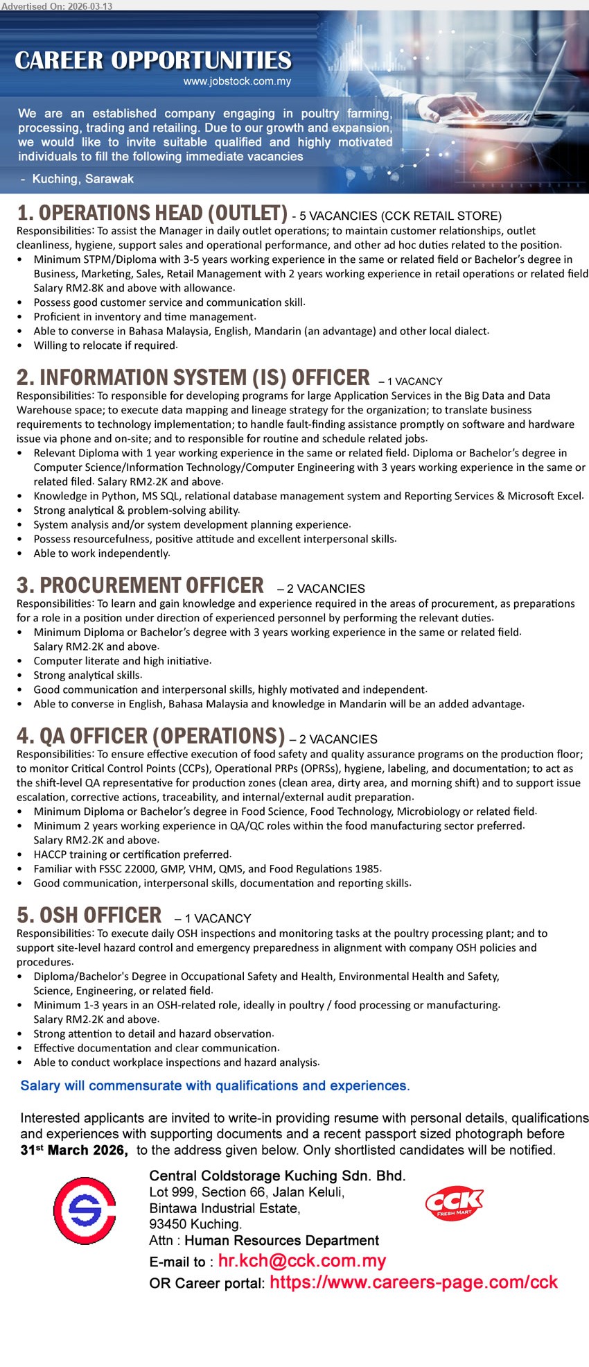 CENTRAL COLDSTORAGE KUCHING SDN BHD - 1. OPERATIONS HEAD (OUTLET) (Kuching, Sarawak), RM2.8K and above with allowance, Minimum SPM/Diploma with 3-5 years working experience, assist the Manager in daily outlet operations
2. INFORMATION SYSTEM (IS) OFFICER (Kuching, Sarawak), RM2.2K and above, Relevant Diploma with 1 year / Bachelor’s degree with 3 years working experience, developing programs for large Application Services
3. PROCUREMENT OFFICER (Kuching, Sarawak), RM2.2K and above, Minimum Diploma or Bachelor’s degree with 3 years working experience, performing the relevant duties
4. QA OFFICER (OPERATIONS) (Kuching, Sarawak), RM2.2K and above, Minimum Diploma or Bachelor’s degree in Food Science, Minimum 2 years working experience, ensure effective execution of food safety and quality assurance programs
5. OSH OFFICER (Kuching, Sarawak), RM2.2K and above, Diploma/Bachelor's Degree in Occupational Safety and Health, Minimum 1-3 years in an OSH-related role, execute daily OSH inspections and monitoring tasks
Email Resume