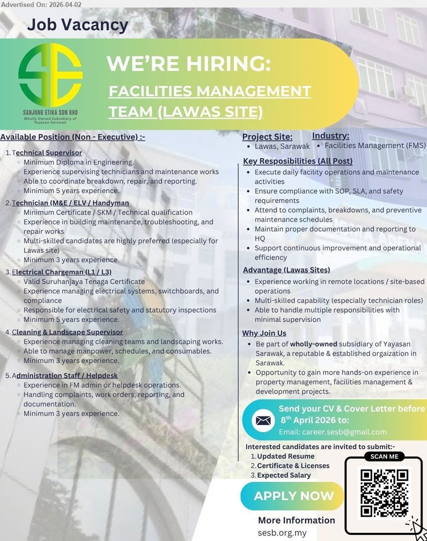 SANJUNG ETIKA SDN BHD - 1. TECHNICAL SUPERVISOR (Lawas, Sarawak), Minimum Diploma in Engineering; Experience supervising technicians; coordinate breakdown, repair, reporting; Minimum 5 years experience
2. TECHNICIAN (M&E / ELV / HANDYMAN) (Lawas, Sarawak), Minimum Certificate / SKM / Technical qualification; Experience in building maintenance, troubleshooting, repair; Minimum 3 years experience
3. ELECTRICAL CHARGEMAN (L1 / L3) (Lawas, Sarawak), Valid Suruhanjaya Tenaga Certificate; Experience managing electrical systems, safety and inspections; Minimum 5 years experience
4. CLEANING & LANDSCAPE SUPERVISOR (Lawas, Sarawak), Experience managing cleaning teams and landscaping works; manage manpower, schedules; Minimum 3 years experience
5. ADMINISTRATION STAFF / HELPDESK (Lawas, Sarawak), Experience in FM admin or helpdesk; handling complaints, work orders, reporting; Minimum 3 years experience
Email Resume