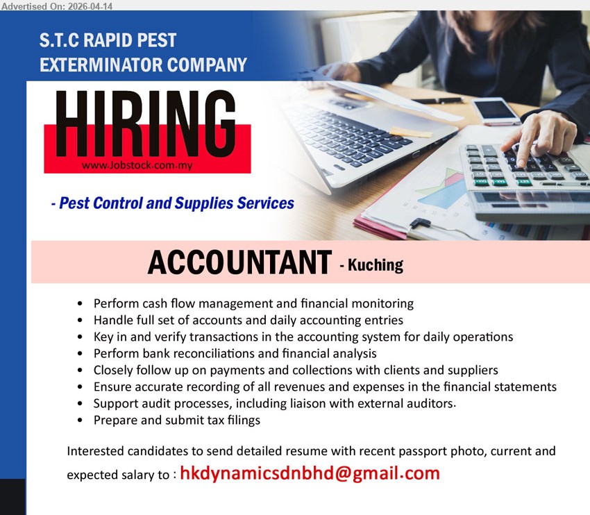 S.T.C RAPID PEST EXTERMINATOR COMPANY - ACCOUNTANT (Kuching), perform cash flow management financial monitoring, full set accounts daily entries, bank reconciliation financial analysis, payments collections, audit support tax filings
Email Resume