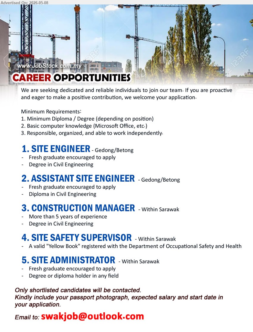 ADVERTISER - 1. SITE ENGINEER (Gedong/Betong), Degree in Civil Engineering, Fresh graduate encouraged to apply, Basic computer knowledge
2. ASSISTANT SITE ENGINEER (Gedong/Betong), Diploma in Civil Engineering, Fresh graduate encouraged to apply, Responsible, organized, able to work independently
3. CONSTRUCTION MANAGER (Within Sarawak), Degree in Civil Engineering, More than 5 years of experience, Basic computer knowledge
4. SITE SAFETY SUPERVISOR (Within Sarawak), A valid 