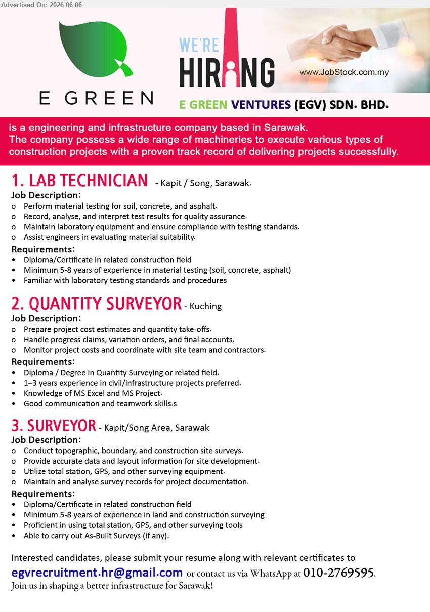 E GREEN VENTURES (EGV) SDN. BHD. - 1. LAB TECHNICIAN (Kapit / Song, Sarawak), Diploma/Certificate in related construction field, Minimum 5-8 years of experience, Perform material testing for soil, concrete, and asphalt
2. QUANTITY SURVEYOR (Kuching), Diploma / Degree in Quantity Surveying or related field, 1–3 years experience in civil/infrastructure projects preferred, Prepare project cost estimates and quantity take-offs
3. SURVEYOR (Kapit/Song Area, Sarawak), Diploma/Certificate in related construction field, Minimum 5-8 years of experience, Conduct topographic, boundary, and construction site surveys
call / whatsapp 010-2769595 or Email Resume
