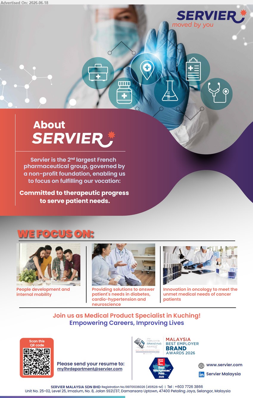 SERVIER MALAYSIA SDN BHD - MEDICAL PRODUCT SPECIALIST (Kuching), People development and internal mobility; Providing solutions to answer patient's needs; Innovation in oncology to meet the unmet medical needs.
Email Resume