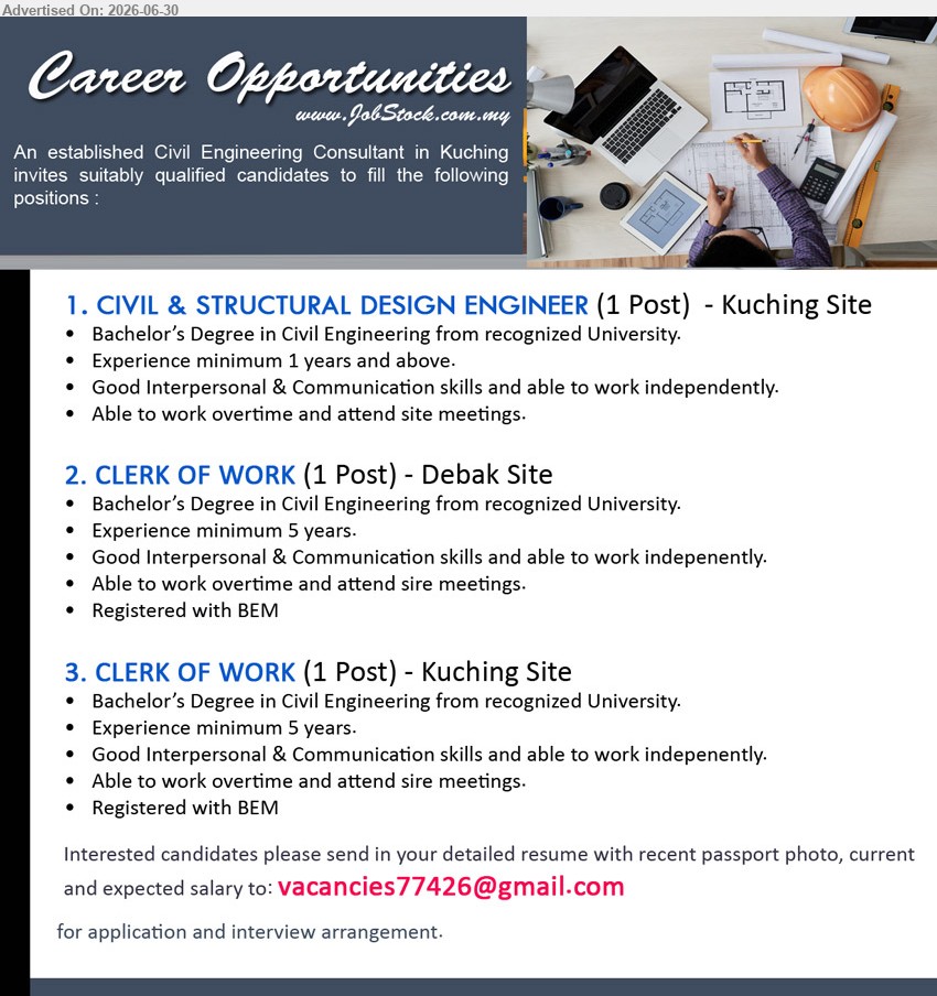 ADVERTISER (Civil Engineering Consultant) - 1. CIVIL & STRUCTURAL DESIGN ENGINEER (Kuching Site, 1 Post), Bachelor’s Degree in Civil Engineering; Experience minimum 1 years and above; able to work independently; attend site meetings.
2. CLERK OF WORK (Debak Site, 1 Post), Bachelor’s Degree in Civil Engineering; Experience minimum 5 years; able to work independently; Registered with BEM.
3. CLERK OF WORK (Kuching Site, 1 Post), Bachelor’s Degree in Civil Engineering; Experience minimum 5 years; able to work independently; Registered with BEM.
Email Resume