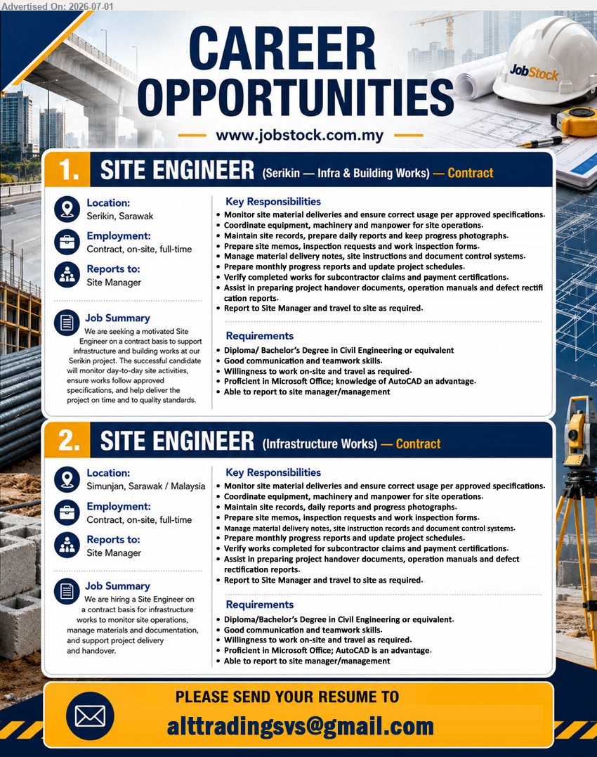 ADVERTISER - 1. SITE ENGINEER – INFRA & BUILDING WORKS (Serikin, Sarawak), Diploma/Bachelor’s Degree in Civil Engineering or equivalent; Monitor site material deliveries; prepare monthly progress reports; Contract.
2. SITE ENGINEER – INFRASTRUCTURE WORKS (Simunjan, Sarawak / Malaysia), Diploma/Bachelor’s Degree in Civil Engineering or equivalent; Manage materials and documentation; support project delivery and handover; Contract.
Email Resume