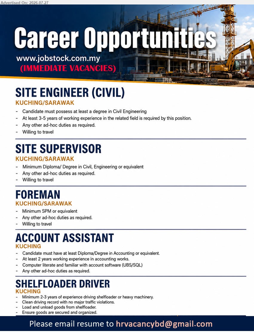 ADVERTISER (Construction Company) - 1. SITE ENGINEER (CIVIL) (Kuching/Sarawak), Degree in Civil Engineering; 3–5 years’ working experience; willing to travel; immediate vacancies.
2. SITE SUPERVISOR (Kuching/Sarawak), Diploma/Degree in Civil Engineering or equivalent; willing to travel; any other ad-hoc duties as required.
3. FOREMAN (Kuching/Sarawak), Minimum SPM or equivalent; willing to travel; any other ad-hoc duties as required.
4. ACCOUNT ASSISTANT (Kuching), Diploma/Degree in Accounting or equivalent; at least 2 years’ accounting experience; familiar with account software (UBS/SQL).
5. SHELFLOADER DRIVER (Kuching), Minimum 2–3 years’ experience driving shelfloader or heavy machinery; load and unload goods; clean driving record.
Email Resume