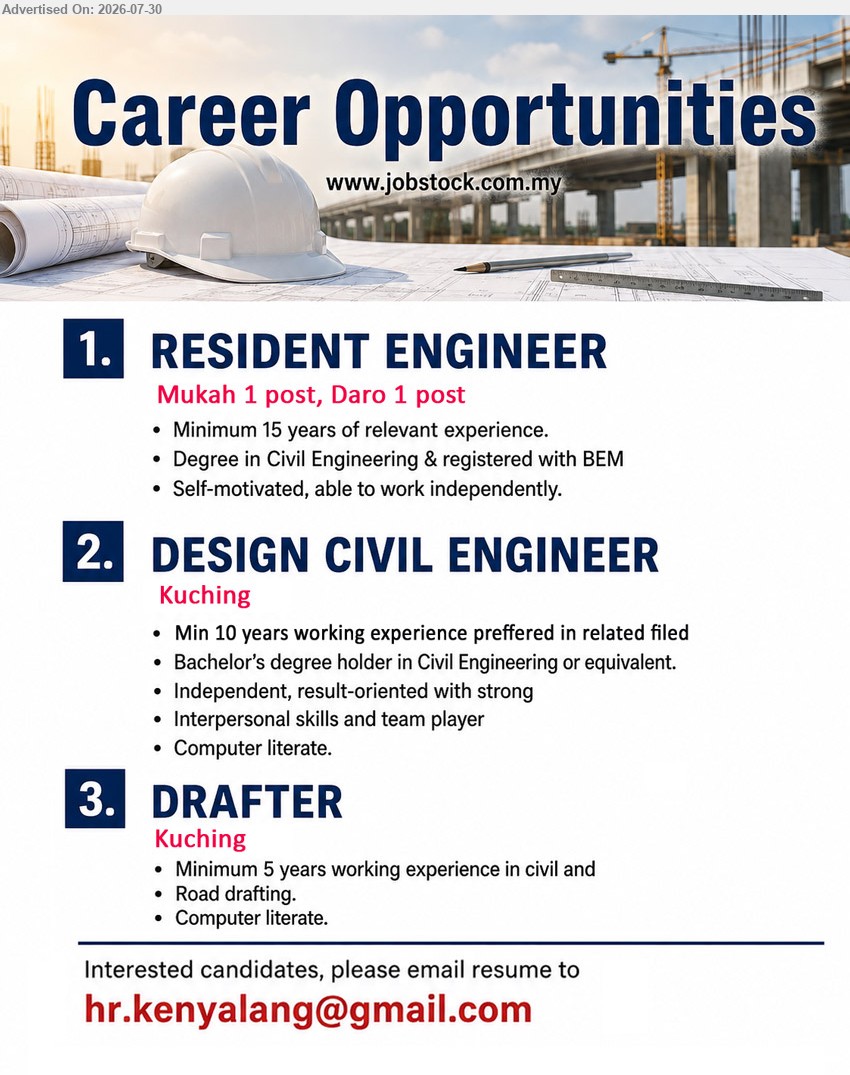 ADVERTISER - 1. RESIDENT ENGINEER (Mukah / Daro), 2 posts, Degree in Civil Eng. & registered with BEM, minimum 15 years relevant experience.
2. DESIGN CIVIL ENGINEER (Kuching), Bachelor’s degree in Civil Eng. or equivalent, minimum 10 years preferred, independent, result-oriented and computer literate.
3. DRAFTER (Kuching), minimum 5 years working experience in civil and road drafting, computer literate.
Email Resume