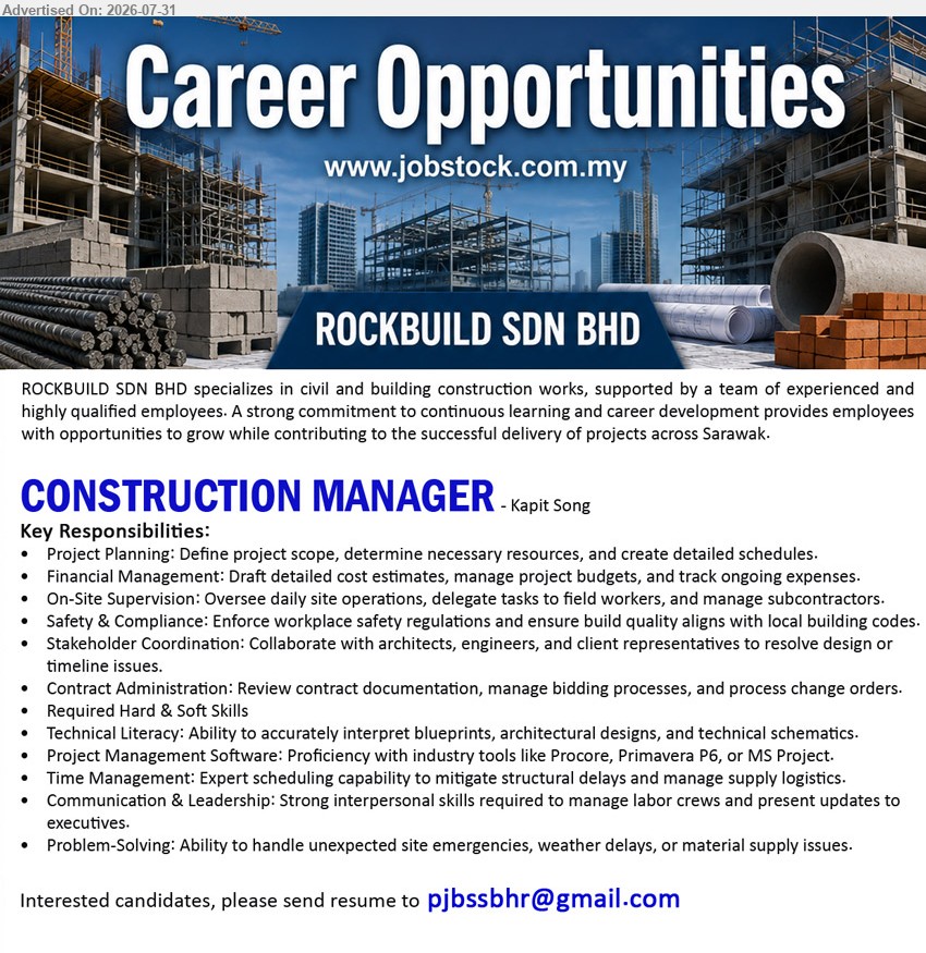 ROCKBUILD SDN BHD - CONSTRUCTION MANAGER (Kapit Song), define project scope, manage budgets, supervise site operations, enforce safety, coordinate stakeholders and review contract documentation.
Email Resume
