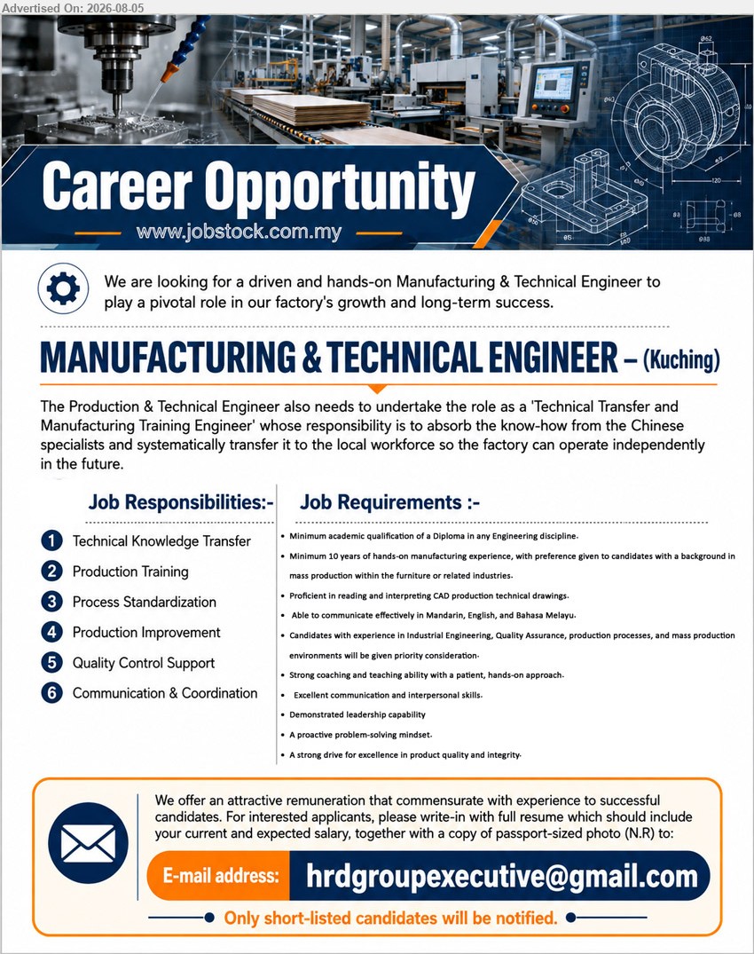ADVERTISER - MANUFACTURING & TECHNICAL ENGINEER (Kuching), Diploma in any Eng. discipline, Minimum 10 years hands-on manufacturing experience, technical knowledge transfer, production training and process standardization.
Email Resume