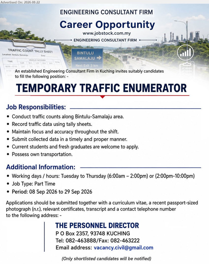 ADVERTISER (Engineering Consultant Firm) - TEMPORARY TRAFFIC ENUMERATOR (Bintulu), Conduct traffic counts along Bintulu-Samalaju area. Current students and fresh graduates are welcome to apply. Possess own transportation.
Call 082-463888 | Email Resume