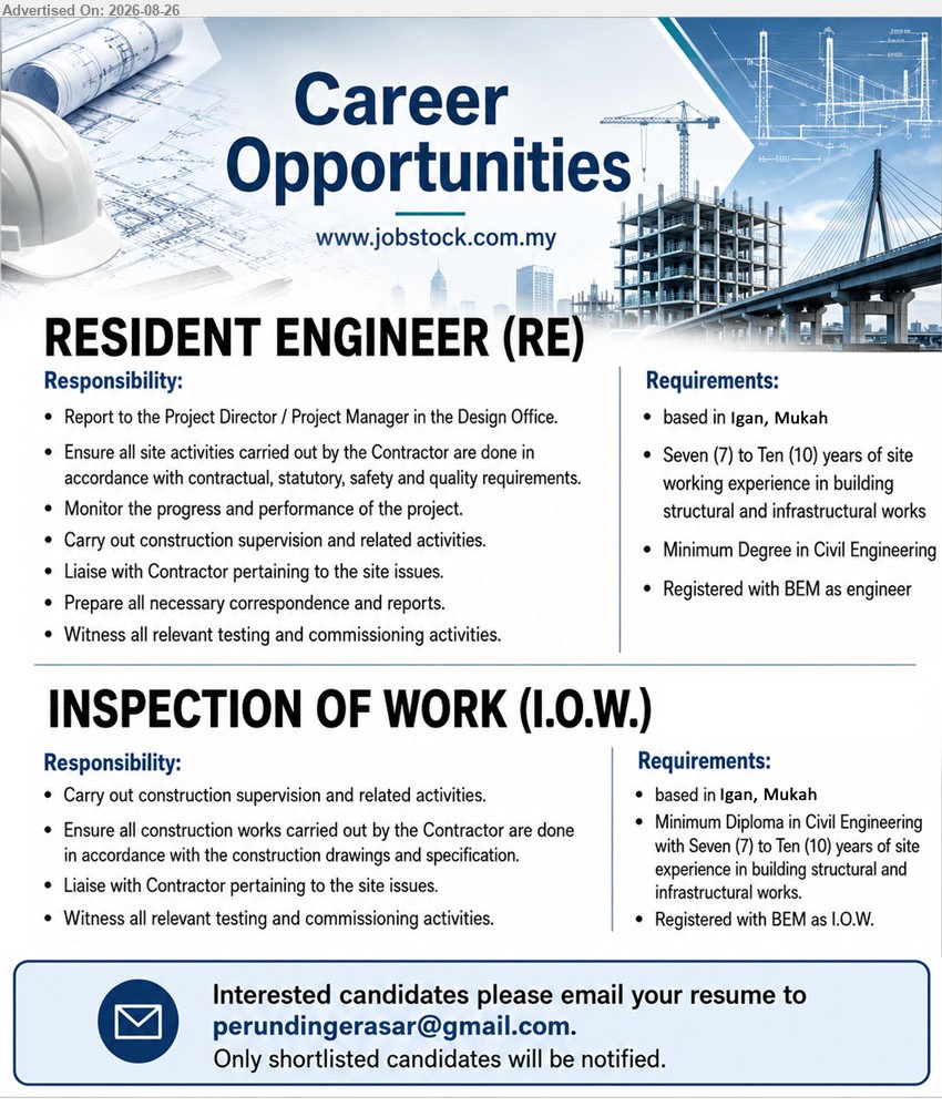 ADVERTISER - 1. RESIDENT ENGINEER (RE) (Igan, Mukah), Minimum Degree in Civil Engineering, Seven (7) to Ten (10) years of site working experience, Carry out construction supervision and related activities
2. INSPECTION OF WORK (I.O.W.) (Igan, Mukah), Minimum Diploma in Civil Engineering, Seven (7) to Ten (10) years of site experience, Carry out construction supervision and related activities
Email Resume
