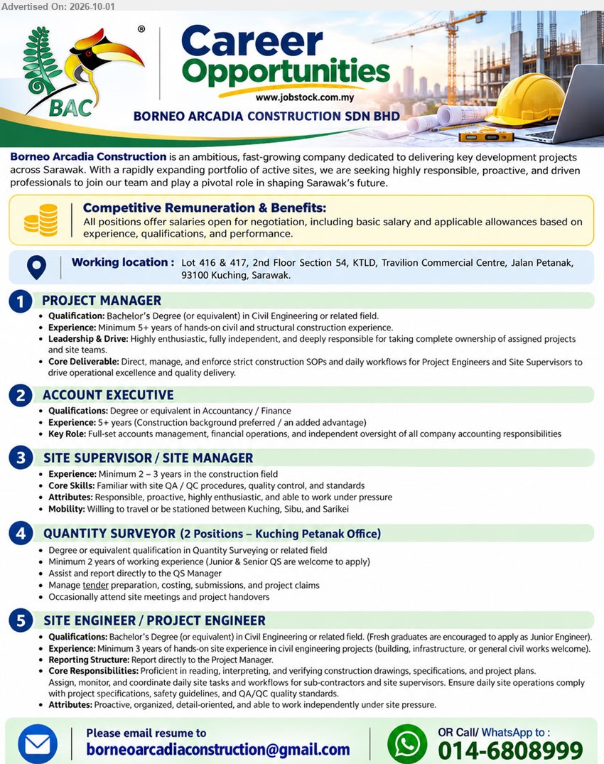 BORNEO ARCADIA CONSTRUCTION SDN BHD - 1.PROJECT MANAGER (Kuching, Sarawak), Bachelor’s Degree (or equivalent) in Civil Engineering or related field; Minimum 5+ years of hands-on civil and structural construction experience; Direct, manage, and enforce strict construction SOPs and daily workflows.

2. ACCOUNT EXECUTIVE (Kuching, Sarawak), Degree or equivalent in Accountancy / Finance; 5+ years; Full-set accounts management, financial operations, and independent oversight of all company accounting responsibilities.

3. SITE SUPERVISOR / SITE MANAGER (Kuching, Sibu, and Sarikei), Minimum 2 – 3 years in the construction field; Familiar with site QA / QC procedures, quality control, and standards; Willing to travel or be stationed.

4. QUANTITY SURVEYOR (Kuching Petanak Office), Degree or equivalent qualification in Quantity Surveying or related field; Minimum 2 years of working experience; Manage tender preparation, costing, submissions, and project claims.

5. SITE ENGINEER / PROJECT ENGINEER (Kuching, Sarawak), Bachelor’s Degree (or equivalent) in Civil Engineering or related field; Minimum 3 years of hands-on site experience; Assist, monitor, and coordinate daily site tasks and workflows.

Call / WhatsApp 014-6808999 / Email Resume