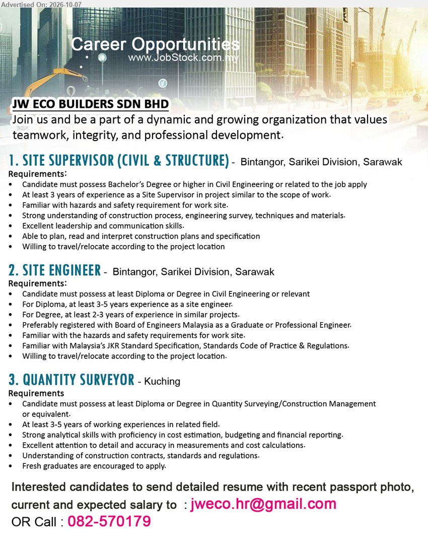 JW ECO BUILDERS SDN BHD - 1. SITE SUPERVISOR (CIVIL & STRUCTURE) (Bintangor, Sarikei Division, Sarawak), Bachelor’s Degree or higher in Civil Engineering, At least 3 years of experience as a Site Supervisor, Willing to travel/relocate

2. SITE ENGINEER (Bintangor, Sarikei Division, Sarawak), Diploma or Degree in Civil Engineering, 3-5 years / 2-3 years of experience, Willing to travel/relocate

3. QUANTITY SURVEYOR (Kuching), Diploma or Degree in Quantity Surveying/Construction Management or equivalent, At least 3-5 years of working experiences in related field, Fresh graduates are encouraged to apply

Email Resume / Call 082-570179