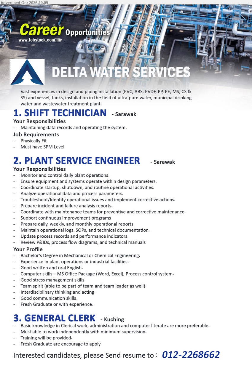DELTA WATER SERVICES - 1. SHIFT TECHNICIAN (Sarawak) SPM Level, physically fit. Maintaining data records and operating the system.
2. PLANT SERVICE ENGINEER (Sarawak) Bachelor's Degree in Mechanical or Chemical Engineering. Fresh Graduate or with experience. Monitor and control daily plant operations, troubleshoot operational issues.
3. GENERAL CLERK (Kuching) Basic knowledge in Clerical work, administration and computer literate. Training will be provided. Fresh Graduate encouraged to apply.
WhatsApp 012-2268662 