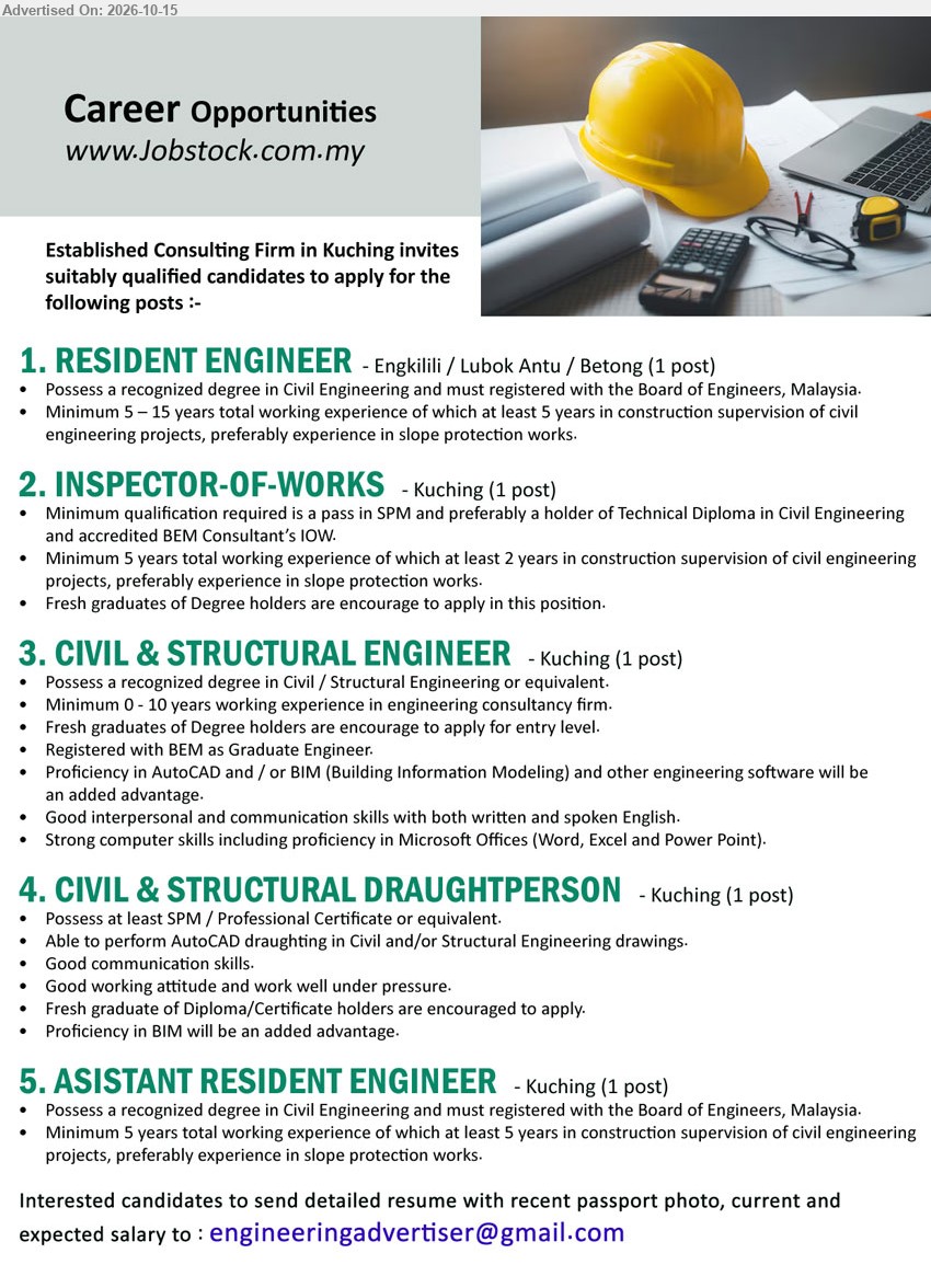 ADVERTISER (Consulting Firm) - 1. RESIDENT ENGINEER (Engkilili / Lubok Antu / Betong, 1 post), Degree in Civil Engineering, BEM registered, 5–15 years experience, at least 5 years construction supervision, slope protection works preferred.
2. INSPECTOR-OF-WORKS (Kuching, 1 post), Minimum SPM, Technical Diploma in Civil Engineering preferred, accredited BEM Consultant’s IOW, minimum 5 years experience, 2 years construction supervision.
3. CIVIL & STRUCTURAL ENGINEER (Kuching, 1 post), Degree in Civil / Structural Engineering, 0–10 years experience, BEM Graduate Engineer, AutoCAD/BIM an advantage, fresh graduates encouraged.
4. CIVIL & STRUCTURAL DRAUGHTPERSON (Kuching, 1 post), Minimum SPM / Professional Certificate, AutoCAD draughting in Civil / Structural Engineering, BIM an advantage, fresh graduates encouraged.
5. ASSISTANT RESIDENT ENGINEER (Kuching, 1 post), Degree in Civil Engineering, BEM registered, minimum 5 years experience in construction supervision, slope protection works preferred.
Email Resume