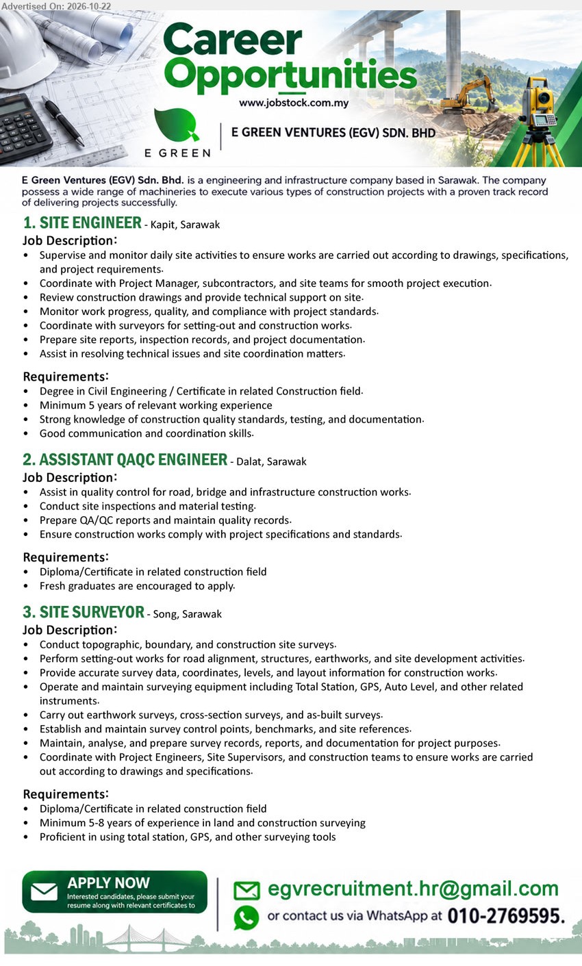 E GREEN VENTURES (EGV) SDN. BHD. - 1. SITE ENGINEER (Kapit), Degree in Civil Engineering/Certificate in Construction, minimum 5 years experience, supervise site activities, monitor work progress, site reports.
2. ASSISTANT QAQC ENGINEER (Dalat), Diploma/Certificate in Construction, fresh graduates encouraged, site inspections, material testing, QA/QC reports, quality control for road, bridge and infrastructure.
3. SITE SURVEYOR (Song), Diploma/Certificate in Construction, 5–8 years experience, land and construction surveying, Total Station, GPS, setting-out works, survey reports.
Email Resume / WhatsApp 010-2769595