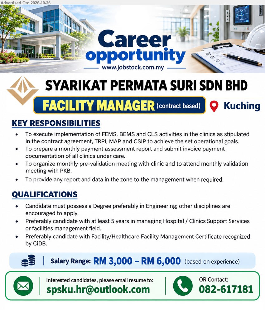 SYARIKAT PERMATA SURI SDN BHD - FACILITY MANAGER (Kuching) RM3,000 – RM6,000. Contract based. Degree preferably in Engineering. At least 5 years in managing Hospital / Clinics Support Services or facilities management. Execute FEMS, BEMS and CLS activities.
Call 082-617181 or Email Resume